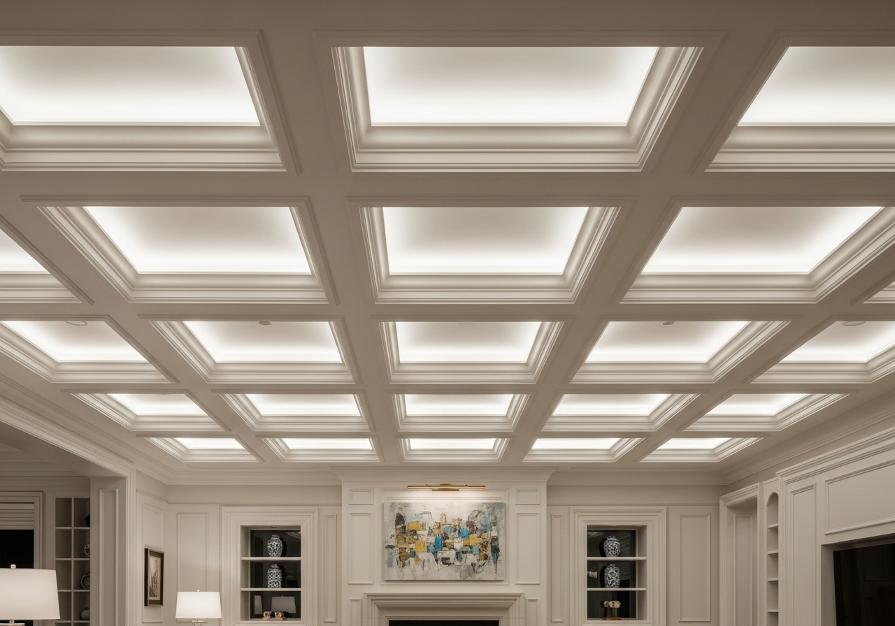 Coffered ceiling installation result by finishing carpenter in BC Lower Mainland home