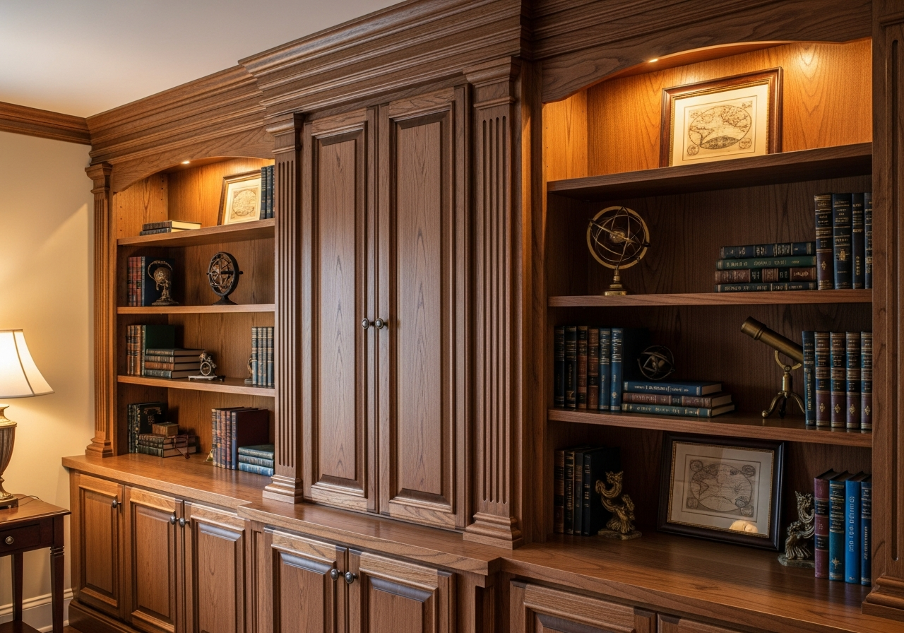 Custom built-in shelving and cabinetry by finishing carpenter — the kind of work that earns features and backlinks